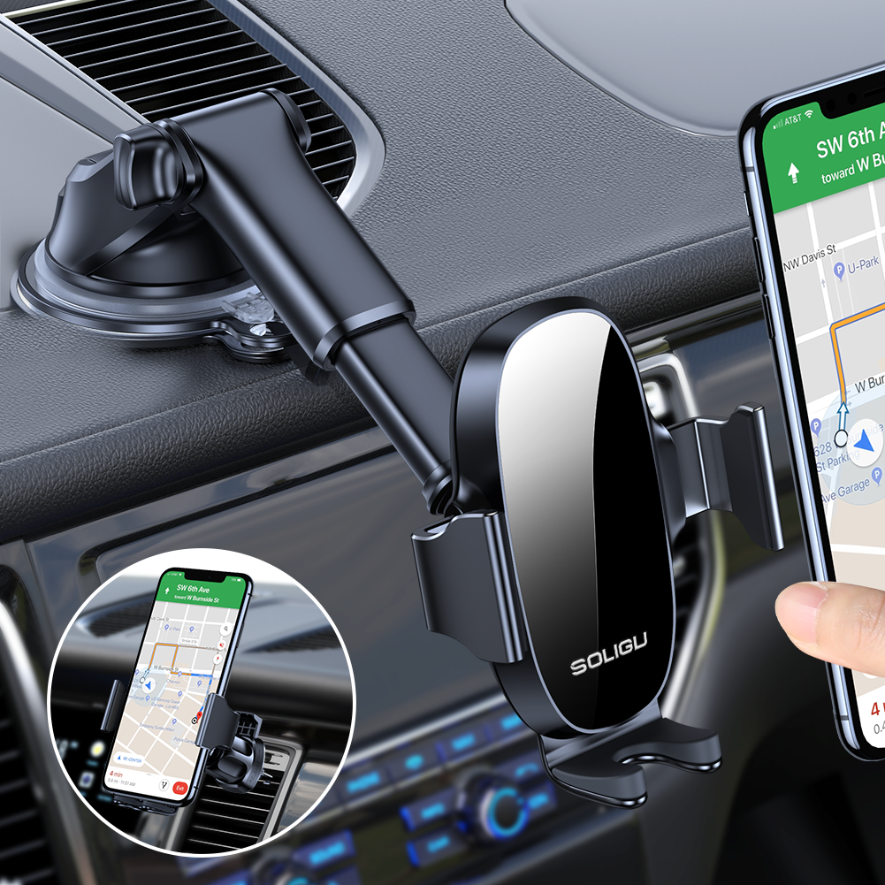 SOLIGU Car Phone Holder Mount - Adjustable Horizontal and Vertical Cell Phone Holder with Dashboard Mounting for All Phones - Waterproof and Durable ABS Material