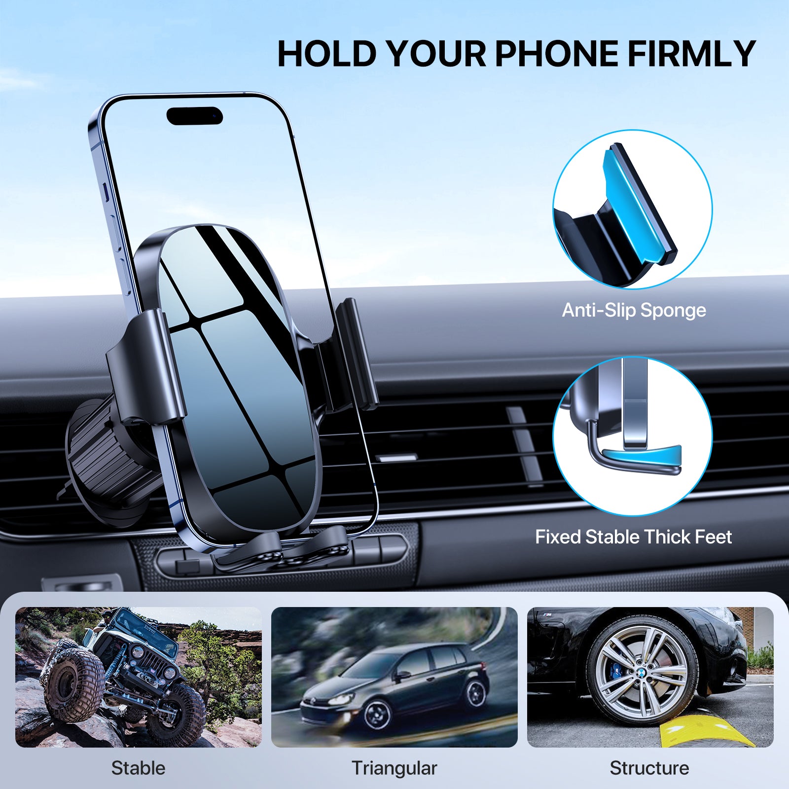 Car Phone Holder Mount - Adjustable Horizontal and Vertical Cell Phone Holder with Air Vent Mounting for All Phones - Waterproof and Durable ABS Material