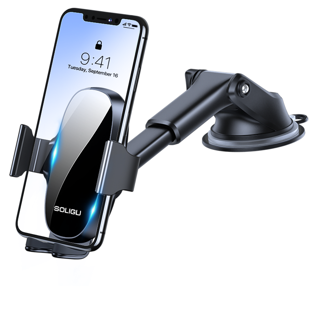 SOLIGU Car Phone Holder Mount - Adjustable Horizontal and Vertical Cell Phone Holder with Dashboard Mounting for All Phones - Waterproof and Durable ABS Material