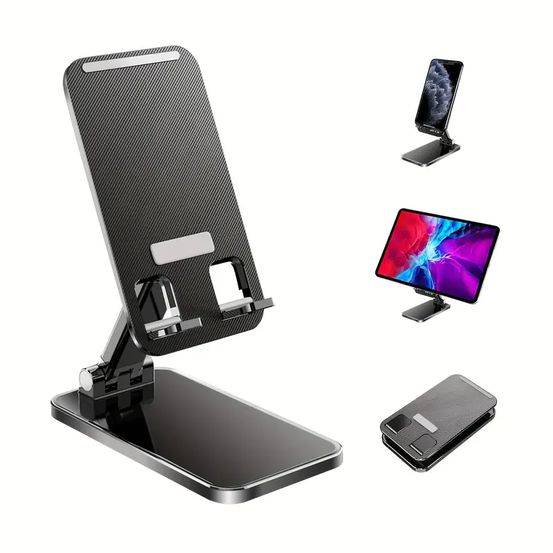 Desktop Rotating Phone Stand: ABS Front Panel, Metal Base with Anti-Slip Pads, Foldable for Portability, Ideal for Desk, Office, and Nightstand