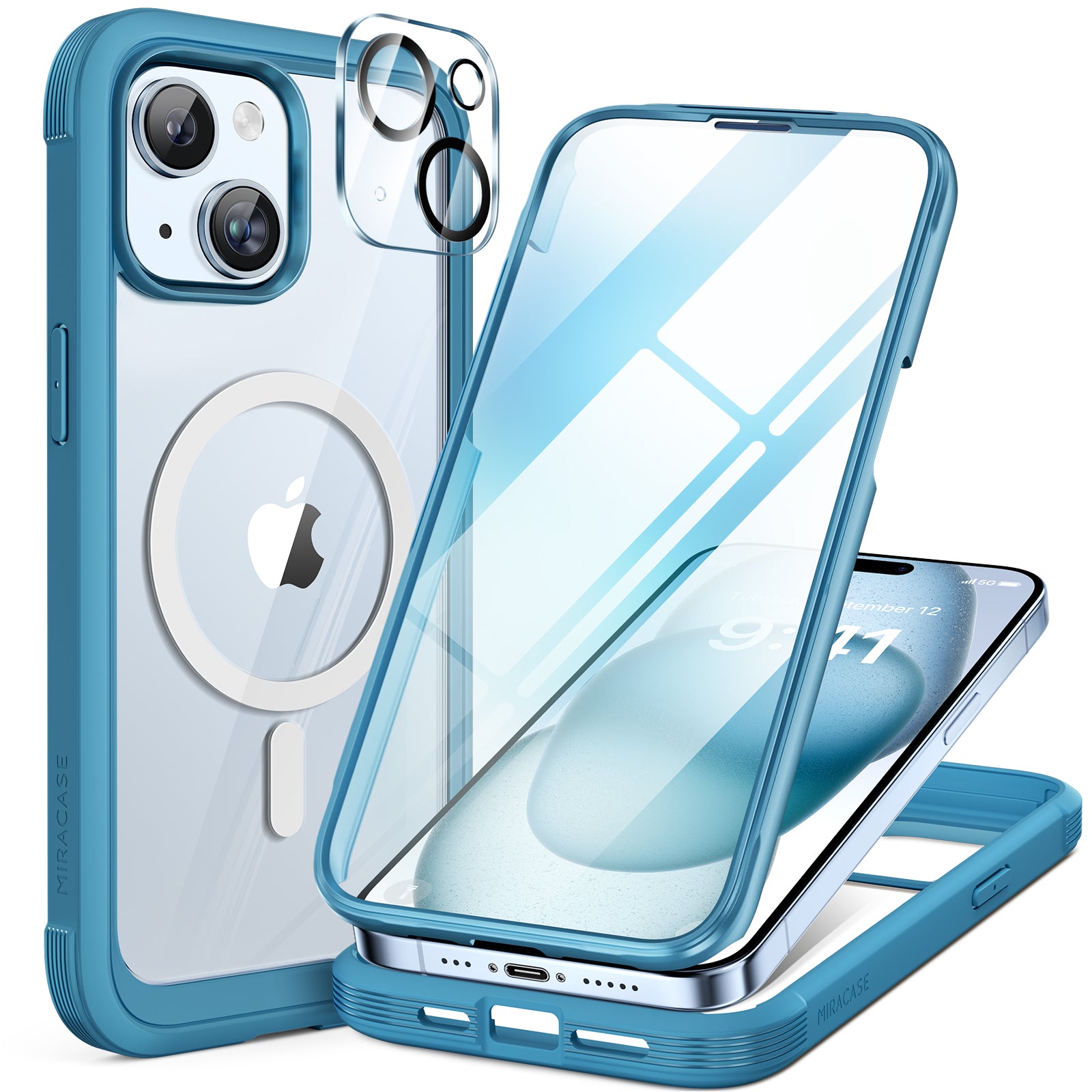 SOLIGU Glass Series for iPhone 15 Case [Compatible with MagSafe] Full-Body Magnetic Case with Built-in 9H Tempered Glass Anti-Fingerprint Screen Protector + Camera Lens Protector