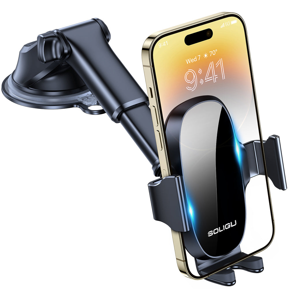 SOLIGU Car Phone Holder Mount - Adjustable Horizontal and Vertical Cell Phone Holder with Dashboard Mounting for All Phones - Waterproof and Durable ABS Material